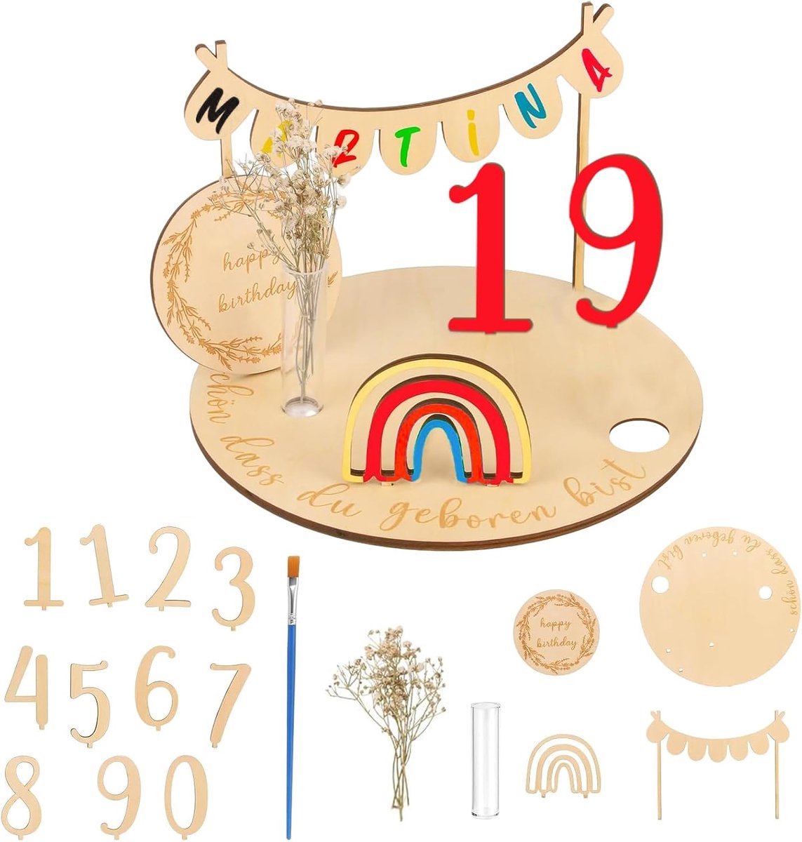 Verjaardagsbord van hout, gepersonaliseerd met verjaardagskrans, kandelaar, regenbogen en cijfers, kindergravure, verjaardagsdecoratie als verjaardagscadeau