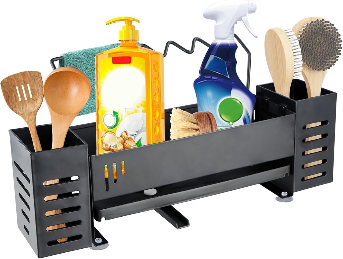 Organizer voor keukenspoelbak, sponshouder met zelfledigend dienblad, sponshouder met handdoekhouder, 2 borstelhouders, gootsteenhouder, organizer voor keuken en badkamer, zwart