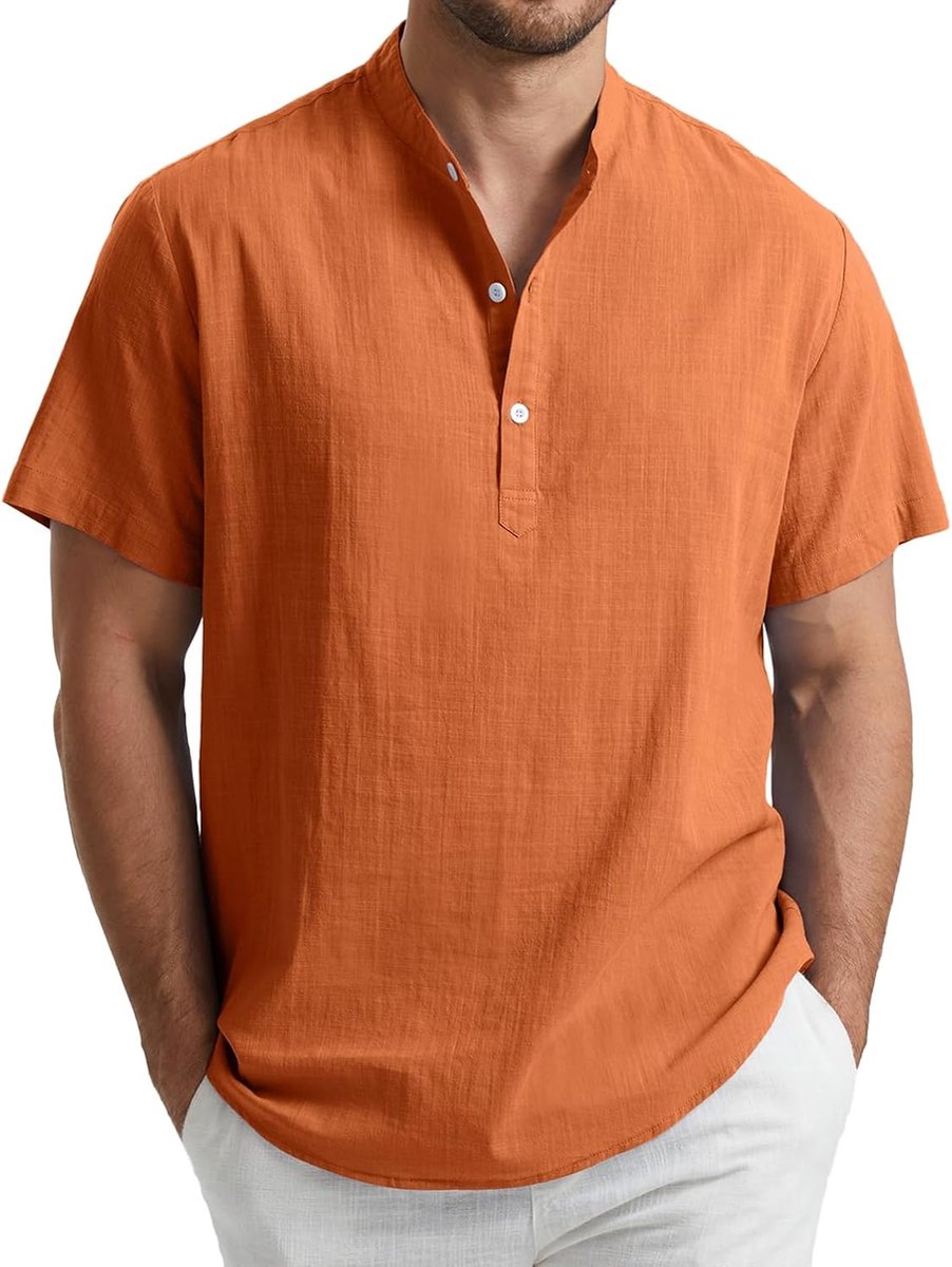 Linnen herenshirt met korte mouwen, informeel Henley-shirt met opstaande kraag, ideaal voor zomer en strandvakantie, maat S-4XL