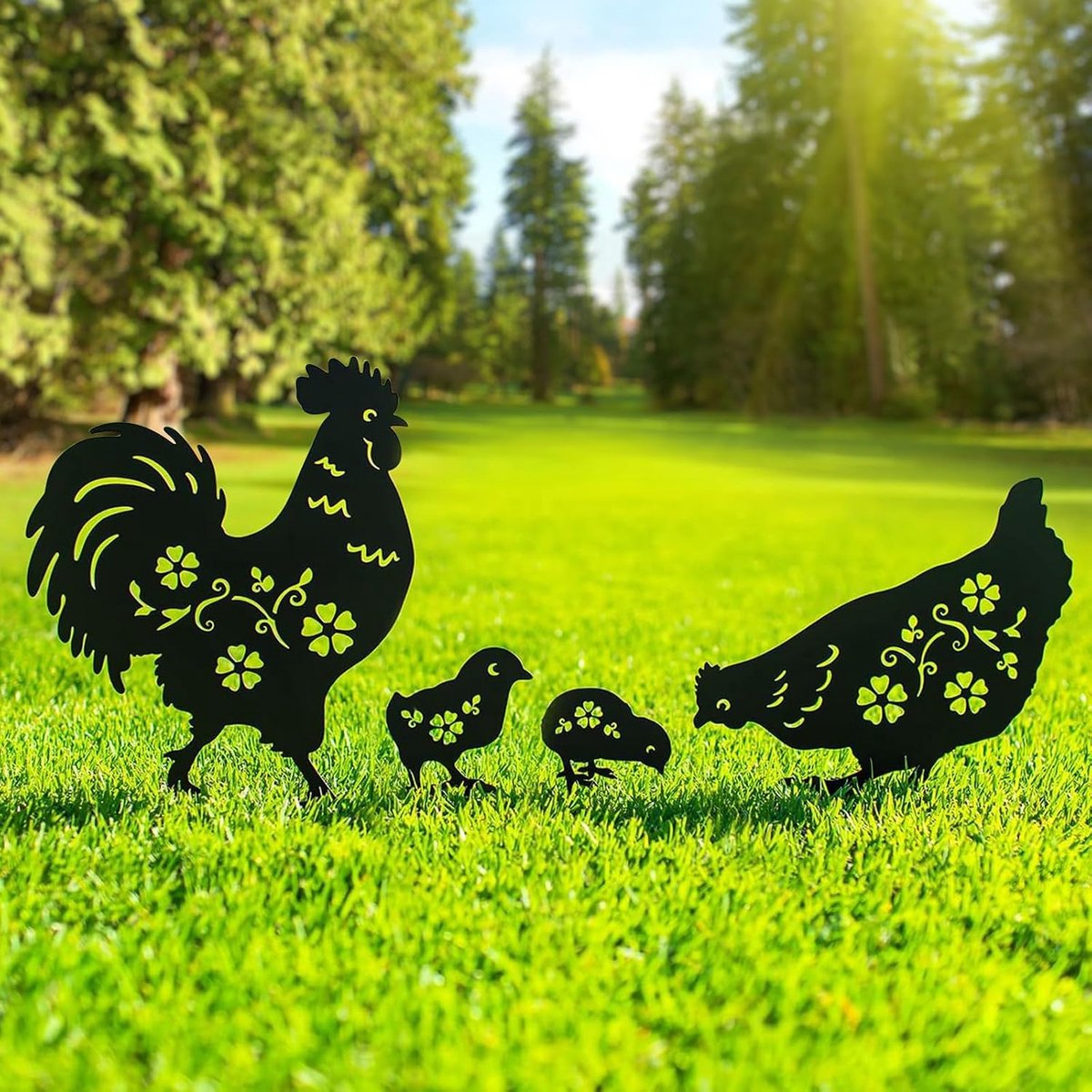 Decoratieve kippenstokken van metaal, kippendecoratie, cadeaus voor vrouwen en mannen, zwarte kip silhouet standbeelden voor buiten, tuin, tuin, terras, decoratie, 4 stuks