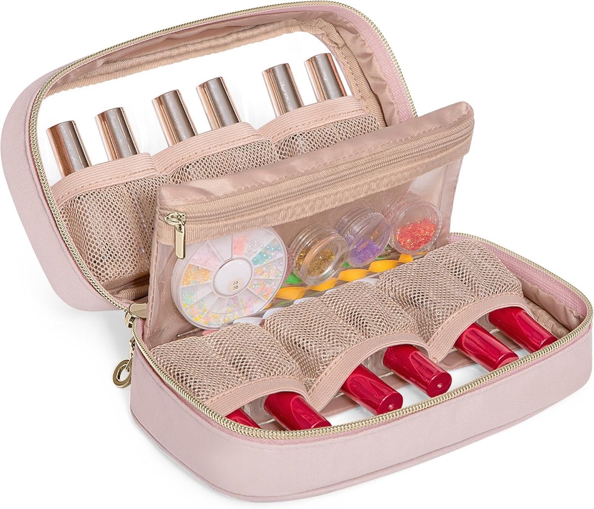 Nagellak Organizer voor 12 Flessen, Nagellak Reistas met Zichtbaar Venster, Kleine Nagellak Draagtas voor Nail Art en Manicure Set, Roze (Alleen Tas, Gepatenteerd)