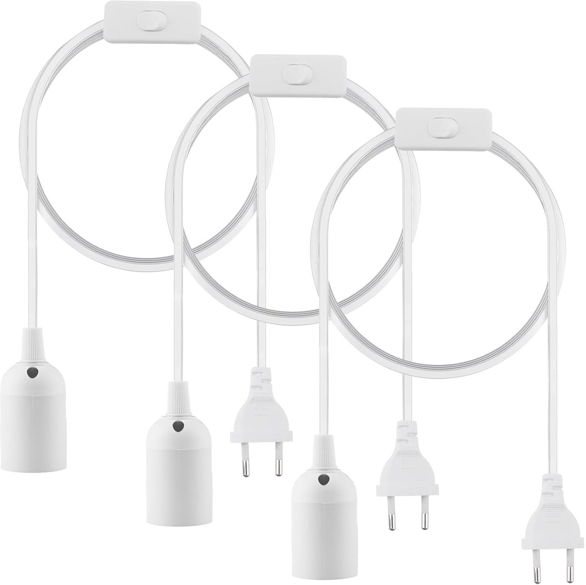 Lamphouder met stekker, 3 stuks, E27 met 3 m kabel en schakelaar, lampfitting 250 V/6 A, voor hanglampen, plafondlampen, doe-het-zelfprojecten, wit