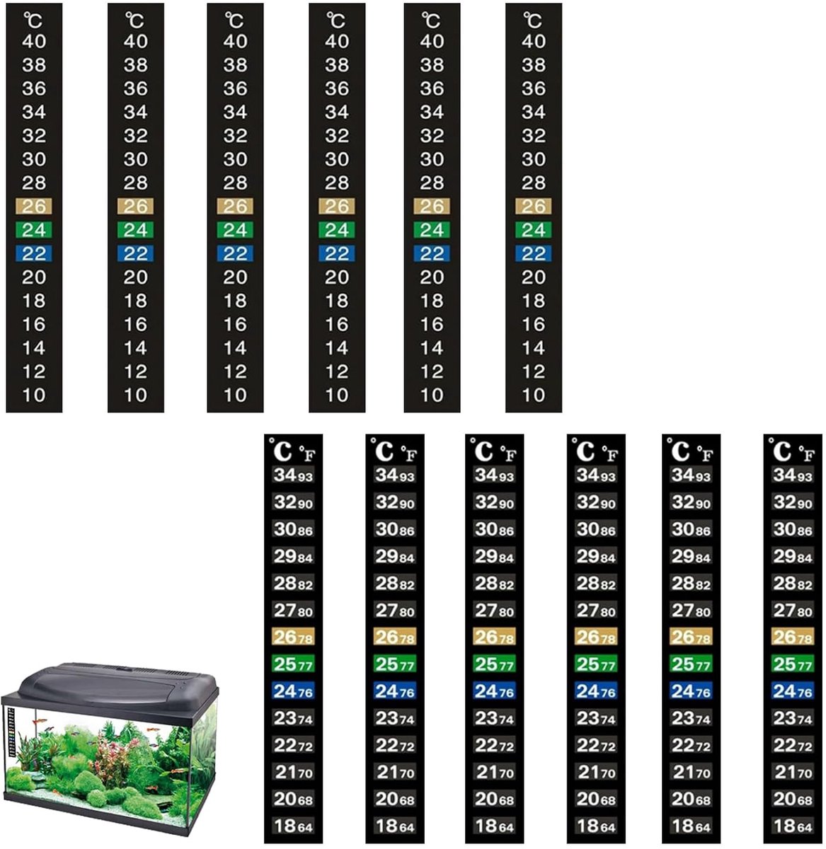 12 stuks watertemperatuurstickers, zelfklevende aquariumthermometerstrips, digitale temperatuurstrip, aquarium, voor thuis, vis, tank en aquarium (10-40 °C, 18-34 °C)