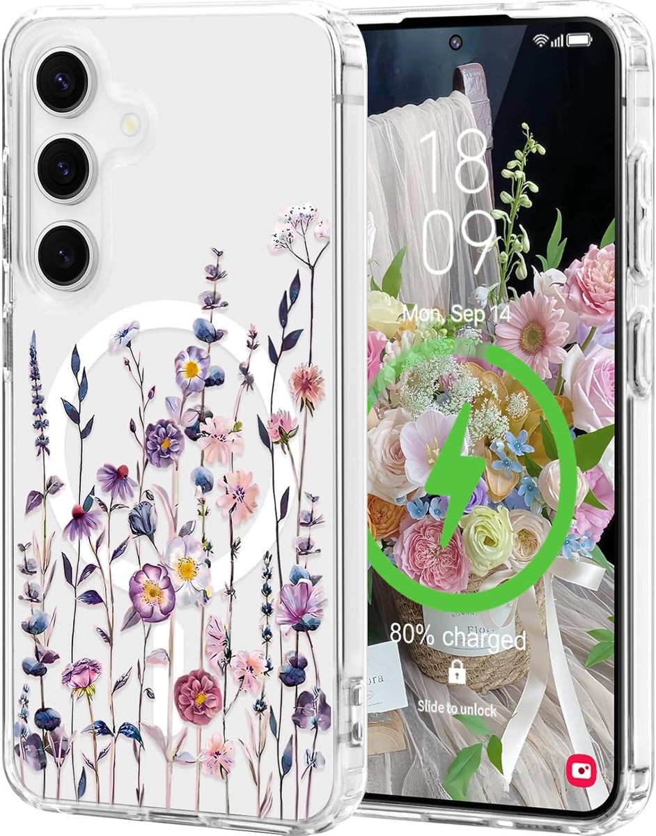 hoesje voor Samsung Galaxy S23, compatibel met Magsafe bloemenpatroon ontwerp telefoonhoes, meisjesachtige bloem slanke transparante bumper schokbestendige hoes voor Samsung Galaxy