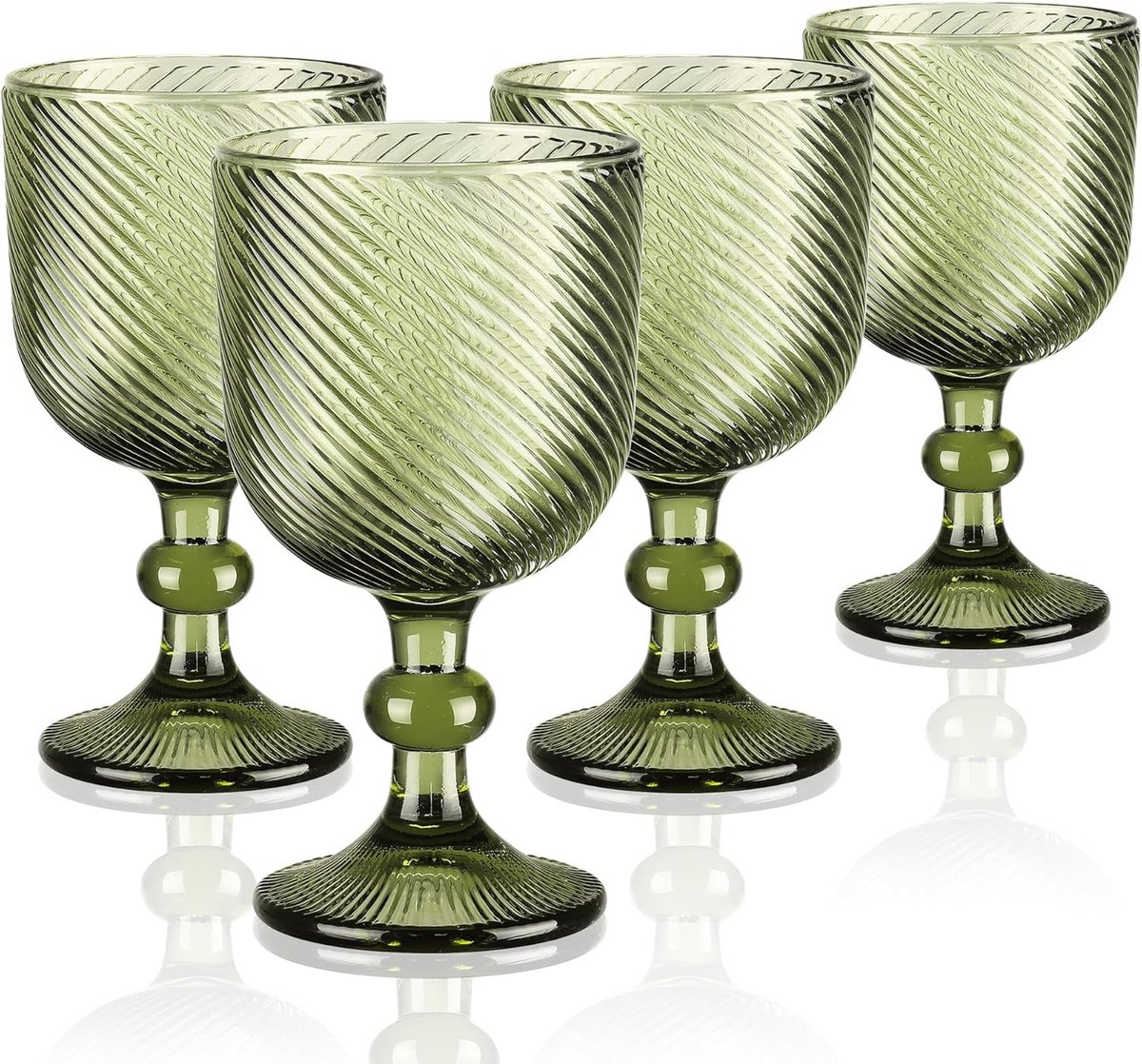 Vintage gekleurde glazen bokaal, groene geribbelde reliëf wijnglazen en drinkglazen voor water, gesteelde wijnglazen voor kerstfeest, bruiloft en tafeldecoratie, 355 ml (12 oz), set van 4