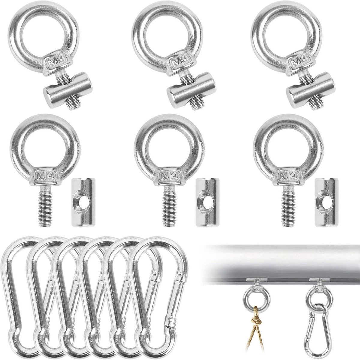 Set van 6 kederlijsten haken, 6 mm roestvrij stalen stopper voor rail met karabijnhaak, kederstopper, kederrail, accessoires voor caravan/campervan/camper