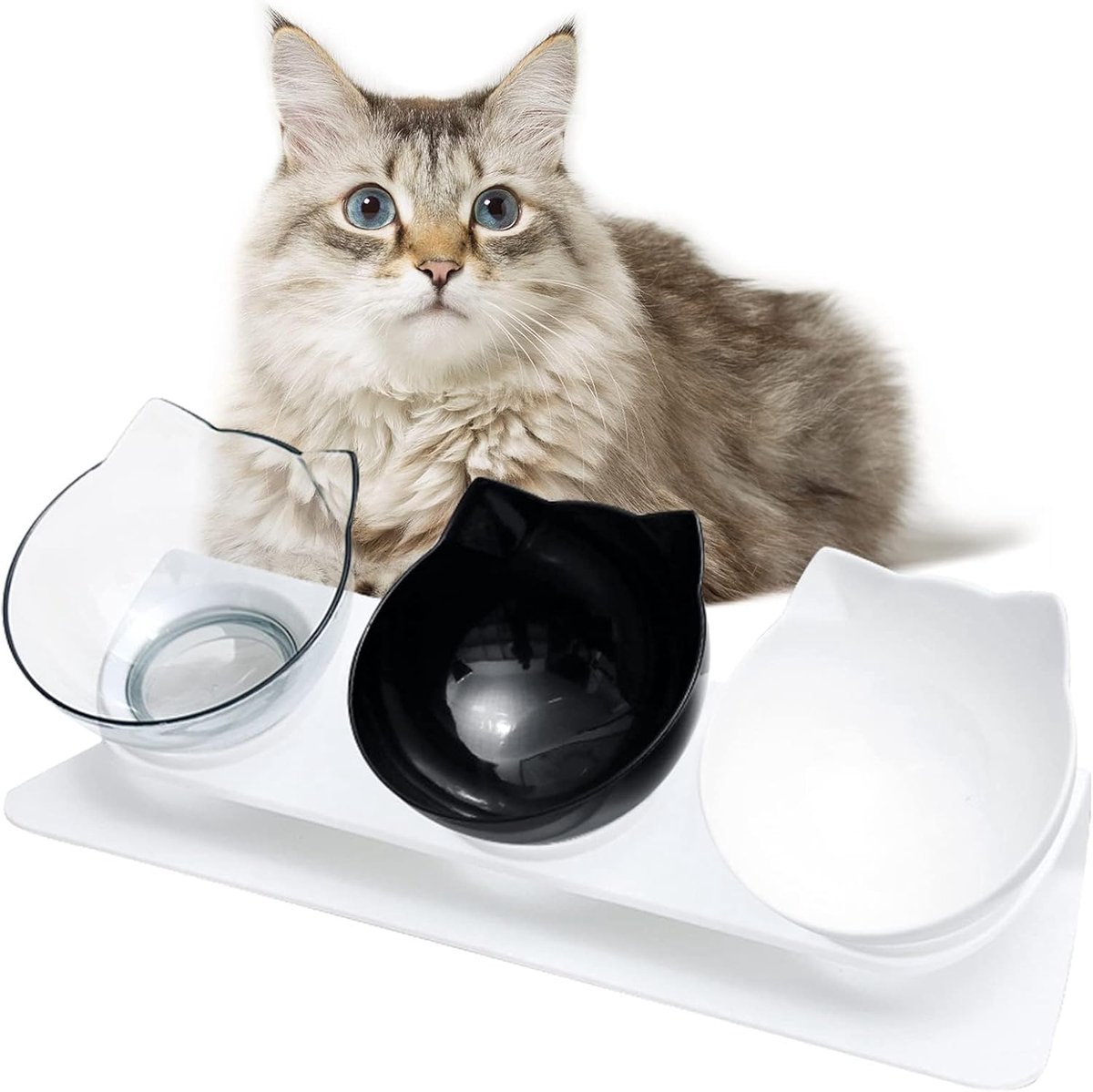 kattenbakjes, 3 stuks, 15 graden, antislip bodem, afneembare kommen, design met kattenoren, voor voer/natvoer/water, katten en kittens, wit