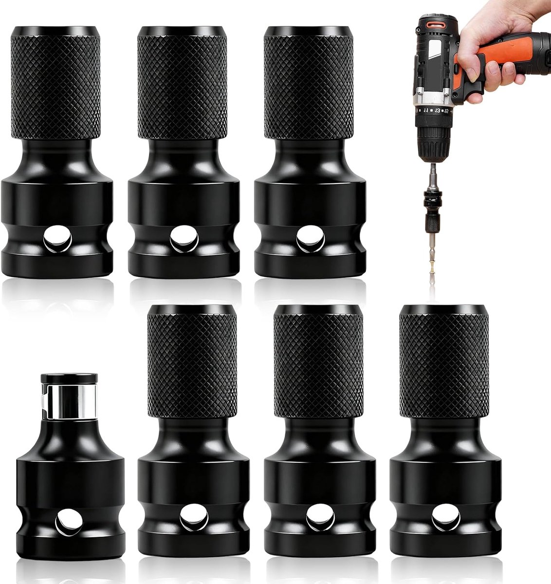 7 stuks slagschroevendraaierbitadapters, bithouder, dopsleuteladapter, 1/2 naar 1/4 inch, hoge hardheid koolstofstaal, multifunctionele adapter, veiligheidsklem, compatibel met slagmoersleutels