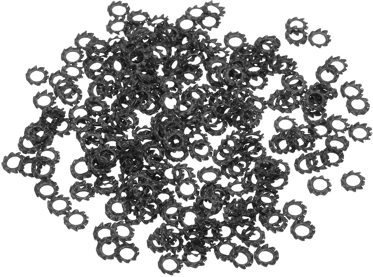 Zekeringringen met buitentanden, getande veiligheidsschijven van koolstofstaal, M3, voor schroeven en mechanische apparaten, 300 stuks, zwart