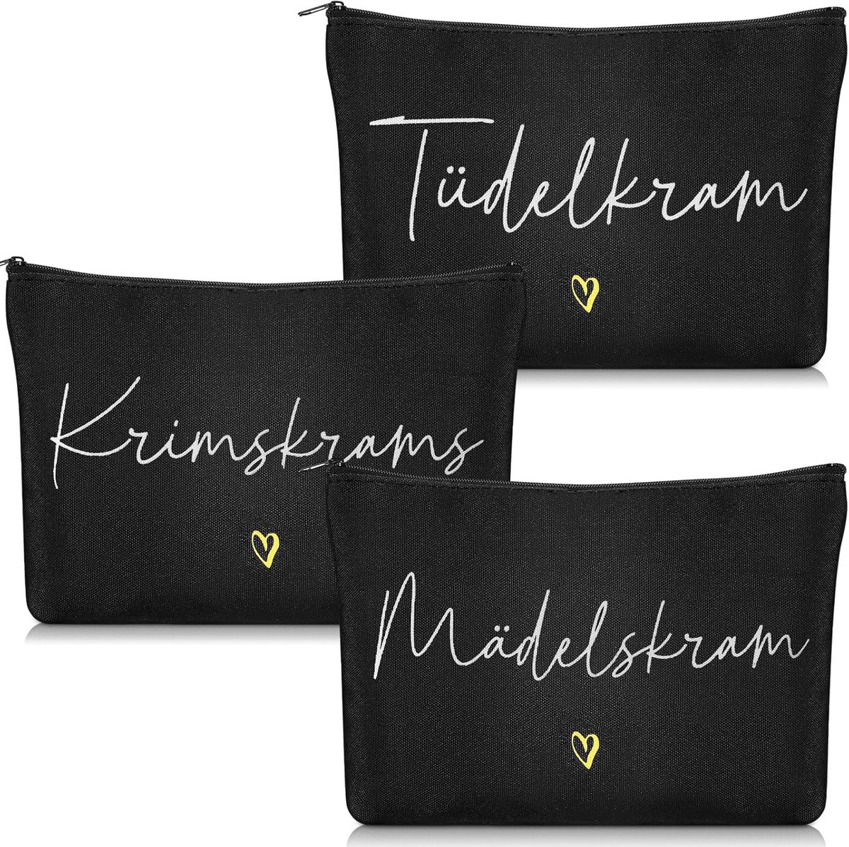 3 stuks make-uptas, kleine zwarte toilettas met belettering, reisportemonnee voor dames en meisjes