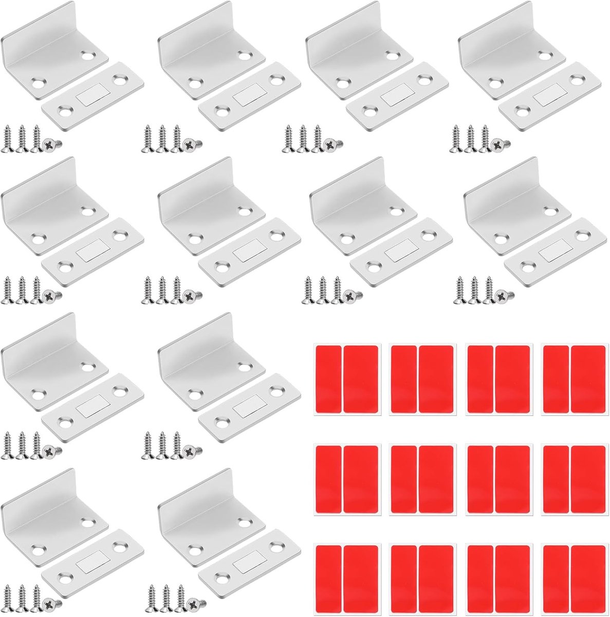 Set van 12 zilveren L-vormige roestvrijstalen kast, magnetische vangst assortimentskit, ultradunne kast, magnetische vangst, klevende kastdeurmagneten voor deurkastsluiting, kastdeurdranger