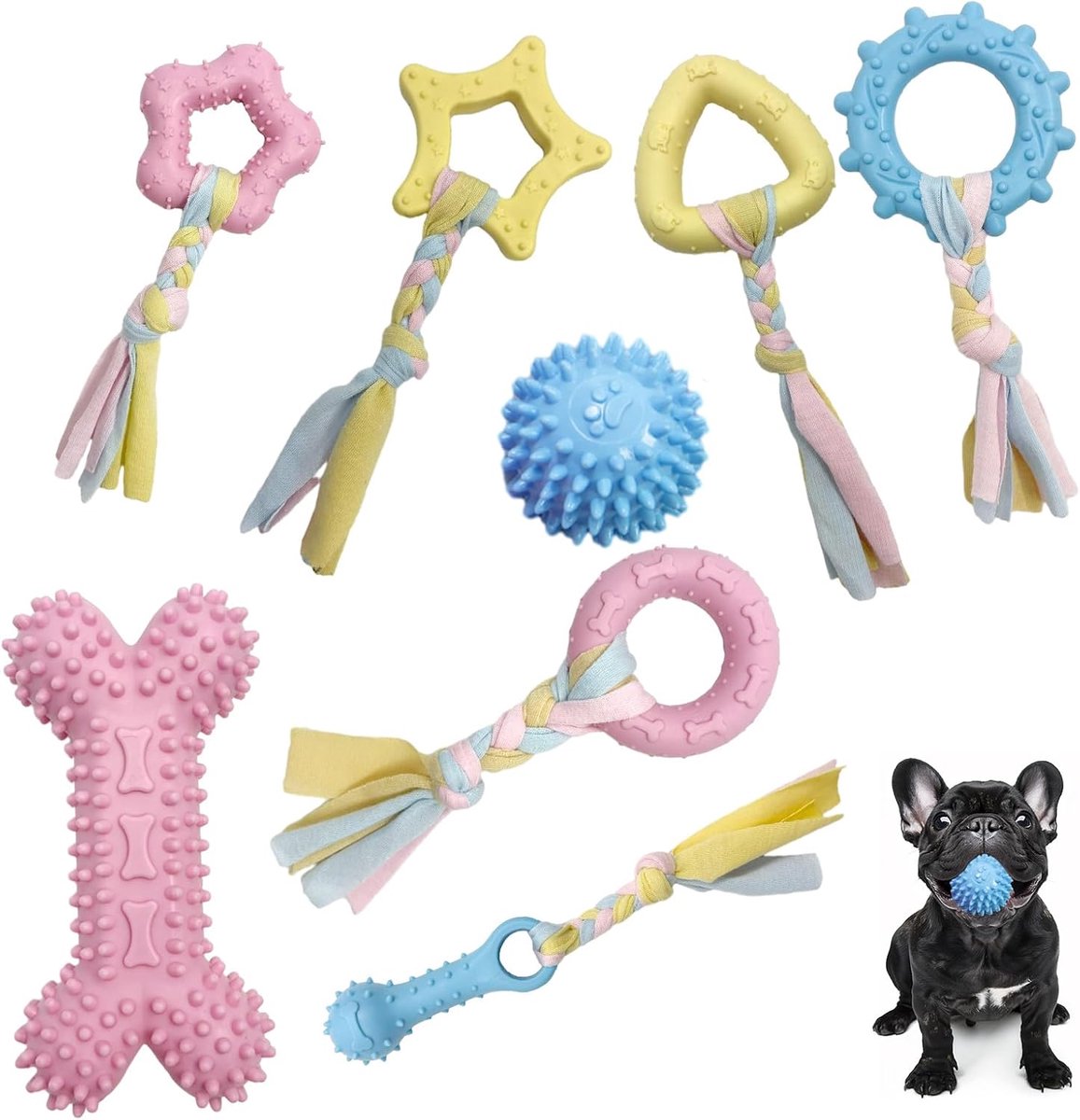 Kauwspeelgoed voor puppy's, hondenspeelgoed van natuurlijk rubber met touw, niet giftig, duurzaam en tandreinigend, interactief speelgoed voor honden en kittens