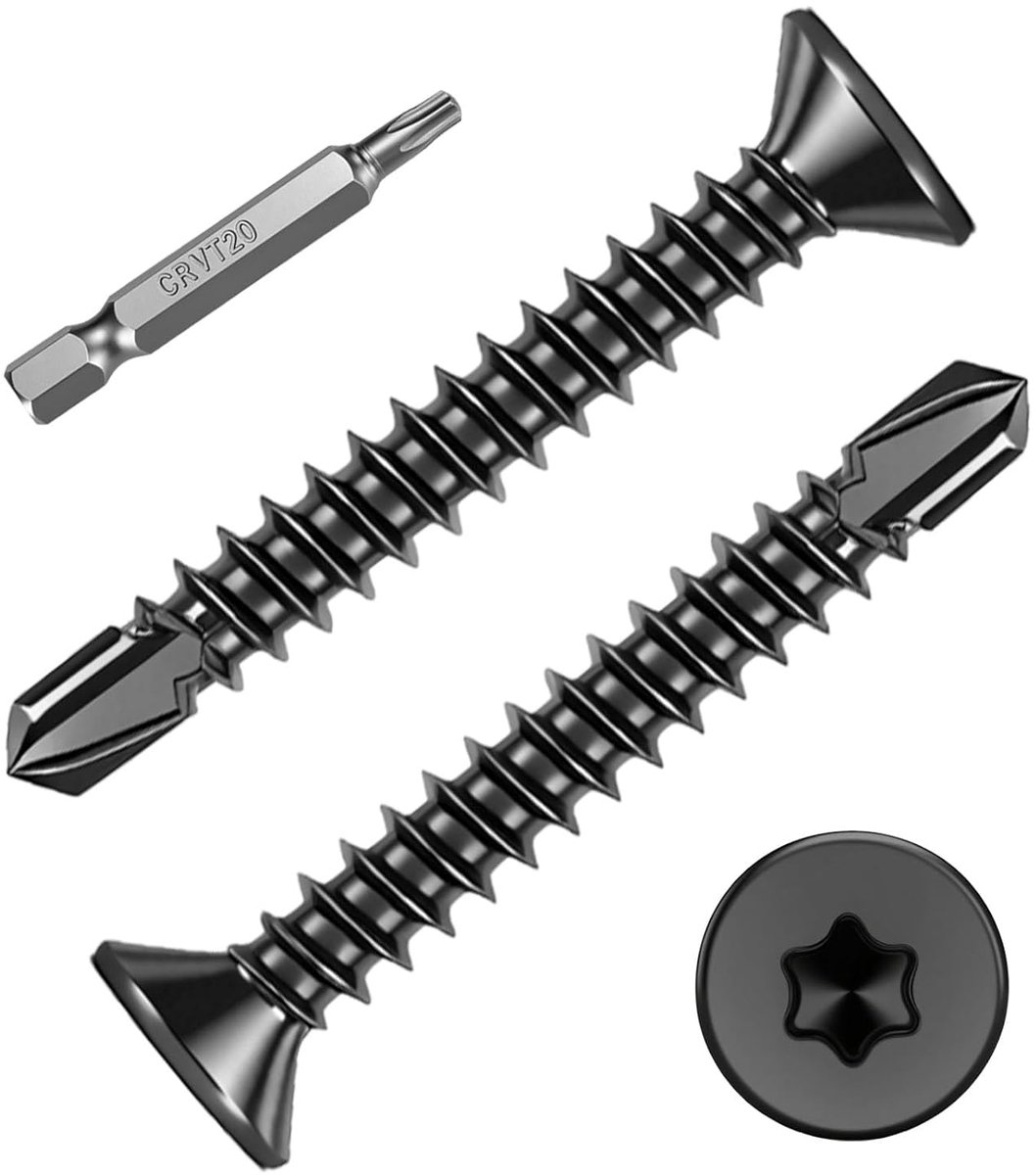 100 Stuks Torx Zelfborende Schroeven voor Metaal,M4,2x19mm Boorschroef Schroeven Verzonkenkop,Zelftappende Schroeven RVS 410 Zwart Epoxy Plattekop Plaatschroeven,Metaaldakschrouwen met 1 Torx Bit.