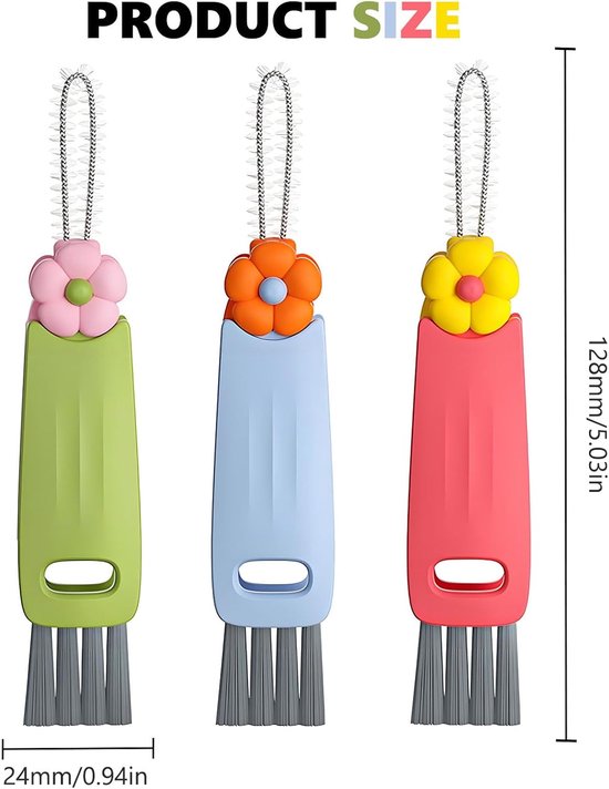 3 stuks 3-in-1 reinigingsborstel voor bekerdeksel, multifunctionele reinigingsborstel voor voegen, draagbaar, voor flessendeksels, verschillende kopjes (blauw, groen, roze) — afbeelding 5