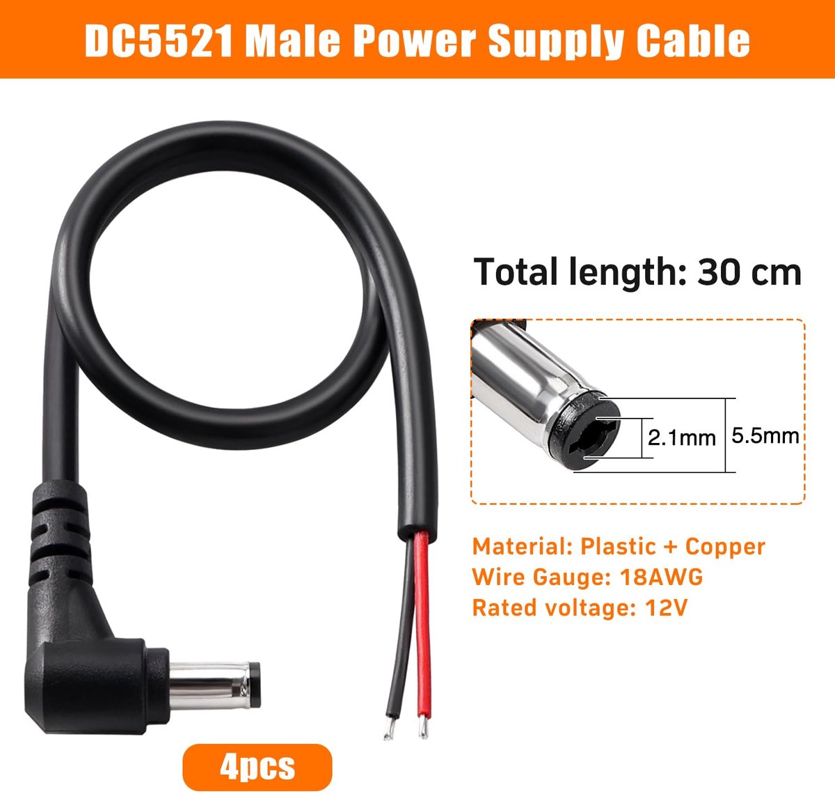 4 Stuks 30cm 18 AWG 5.5mm x 2.1mm DC Power Pigtails-Kabel, DC Haakse Mannelijke Stekker naar Blote Draad Open Einde Voeding Vervangend Reparatiesnoer, voor CCTV-Beveiligingscamera, Zwart