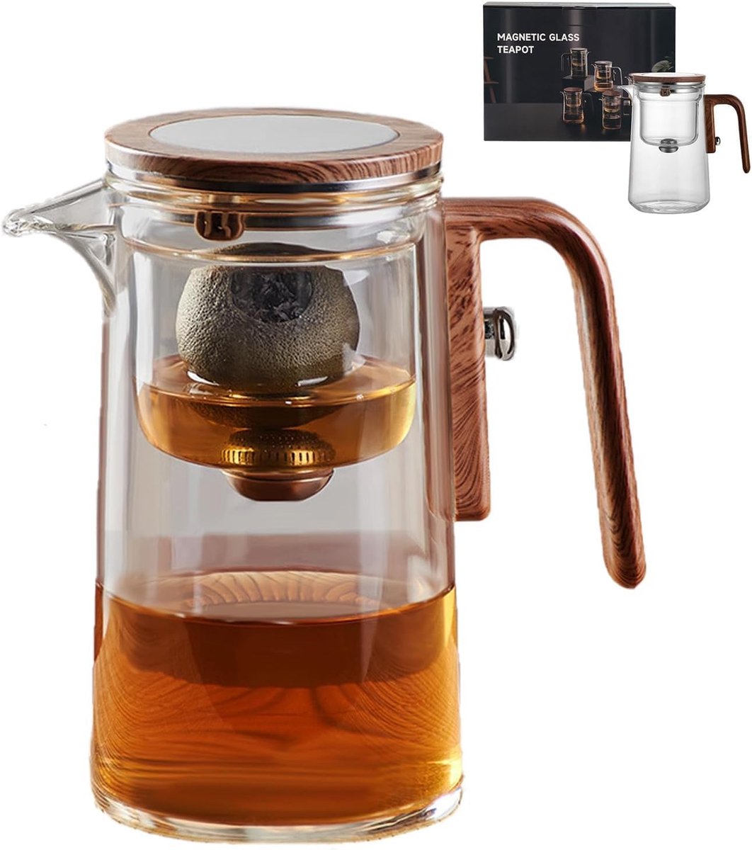 Theepot, Glazen Theepot van 800 Ml met Zetgroep en Deksel, Glazen Theepot met Waterscheiding met Houten Handvat, Press Control Magische Theepot, 2 in 1 Enchantipot