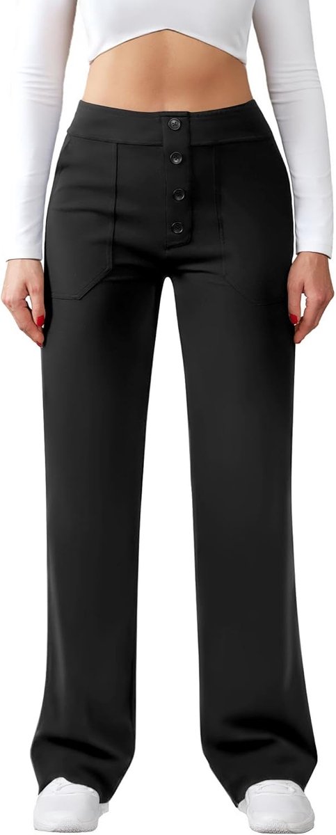 Damesbroek met hoge taille, wijde broek met knoop, rechte pijpen, casual werkbroek, stretch, yogabroek met zakken
