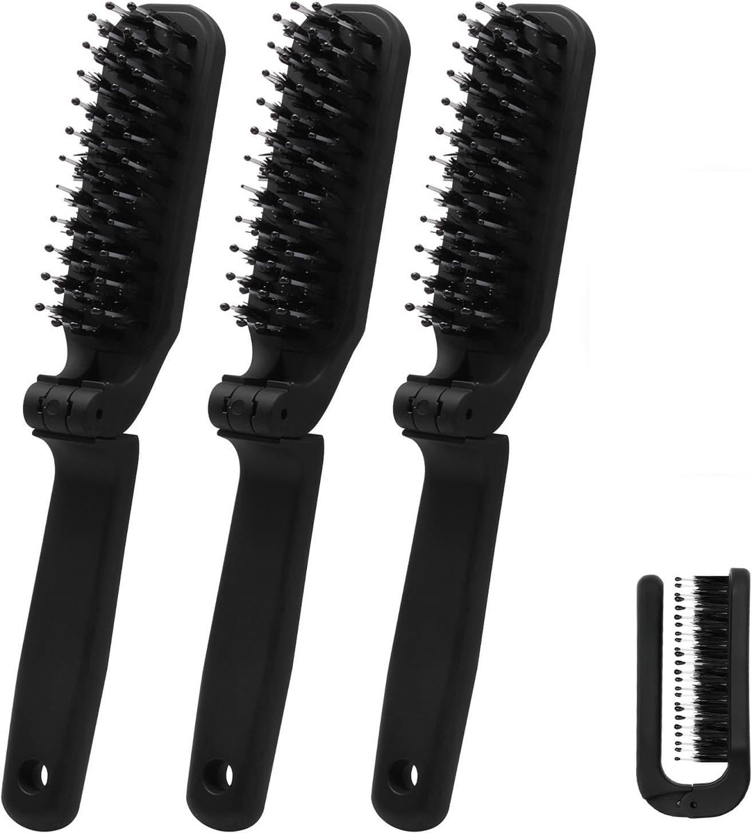 3 stuks opvouwbare borstels, met opvouwbare borstel, design voor onderweg, haarborstel, klein, met boorborstel, opvouwbare haarborstel, wildzwijnharen, ook als baardborstel, voor mannen, voor auto
