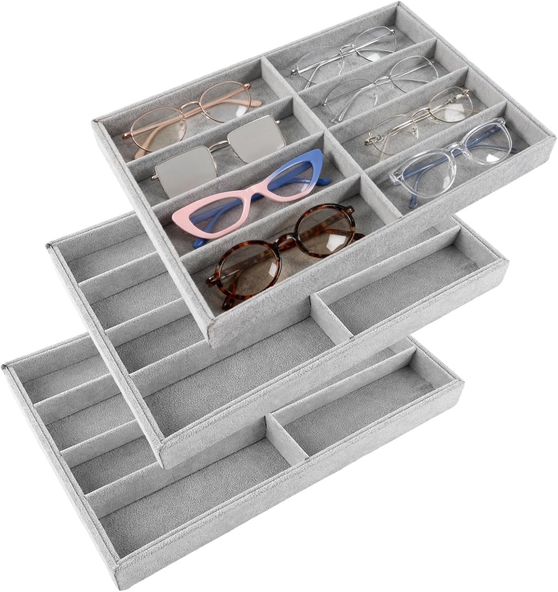 Set van 3 brillenstandaard met 8 vakken, brillenhouder van zacht fluweel, organizer voor zonnebril voor lade en commode, 35 x 24 x 3 cm, lichtgrijs