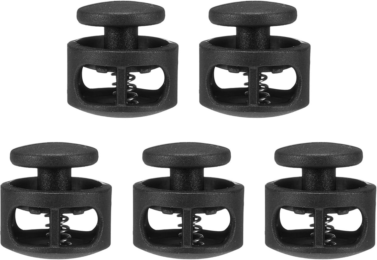 5 stuks kunststof koordstopper, dubbel gat, veer-klemsluitclip, elastische sluiting voor trekkoord, paracord, tassen, kleding, handschoenen, koord-vervanging, zwart