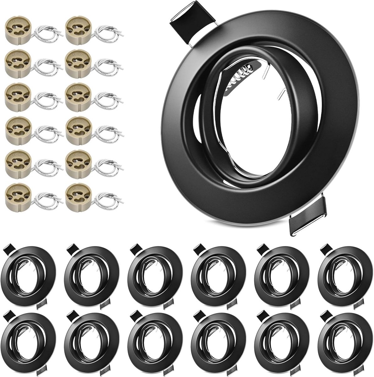 12x Inbouwspots GU10 Set - 12-delig Inbouwframes Mat Zwart incl. GU10-fitting - Draaibaar 30° - Boorgat Ø68-80mm - Ronde Metaal Frame Voor 50mm LED of Halogeen Lampen