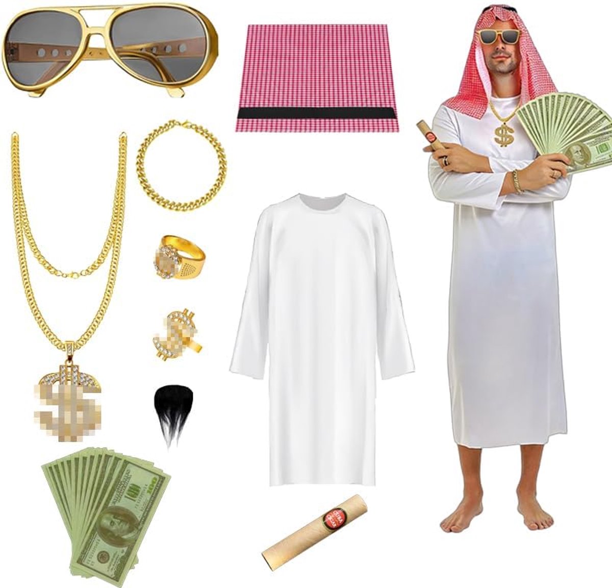kostuum voor heren, sjeikjurk voor volwassenen, witte jurk, Arabisch kostuumset, Arabisch sjeikkostuum voor een man met ringen, voor carnaval, feesten, cosplay
