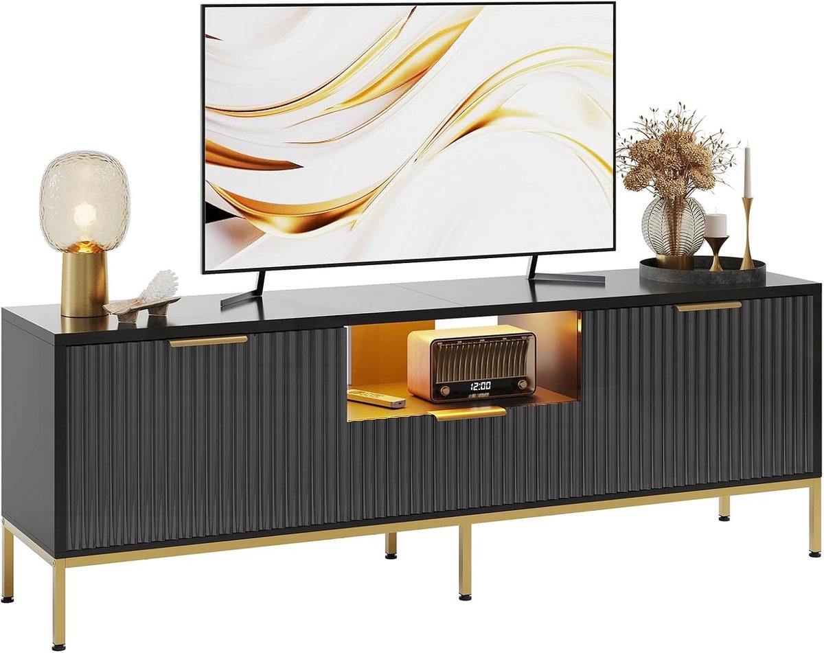 SnelShoppen - Modern TV Meubel voor 55/60" TV's, Entertainment Center met Opslagruimte, Glossy Zwart, Ribbelpatroon voor Woonkamer en Slaapkamer