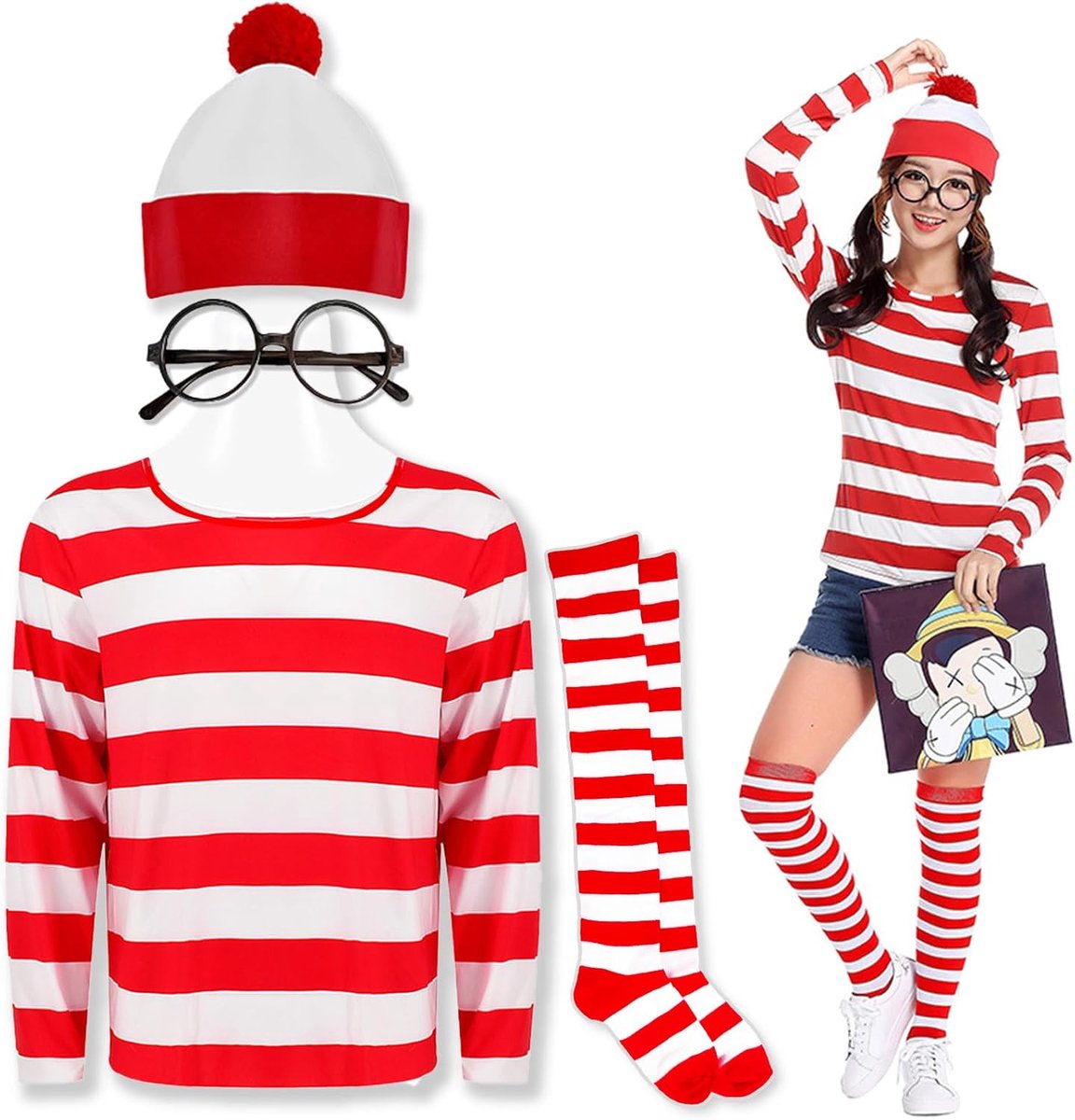 Where's Wally kostuum, hoge hoed bril sokken kostuum set, rood en wit top frisser kostuum wereld boek dag kostuums carnaval