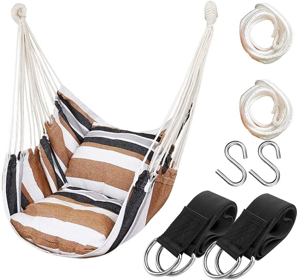 Hangstoel met touw voor binnen en buiten, robuuste katoenen stof, belastbaar tot 136 kg, voor slaapkamer, terras, veranda (houten stang en kussen niet inbegrepen, kaki)
