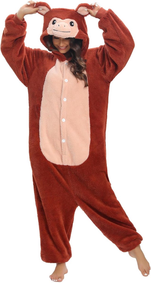 Pyjama voor volwassenen, uniseks, onesie, nachtkleding met kap, jumpsuit, loungewear, warm en zacht, voor feestjes en avonden