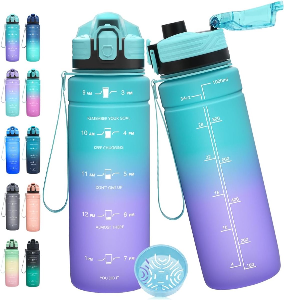 Waterfles, 1 liter/500 ml/700 ml/1500 ml, motiverende waterfles met tijdmarkering en schaal, BPA-vrije tritan, geen rietje, sportfles voor tiener, volwassene, sport, sportschool, fitness