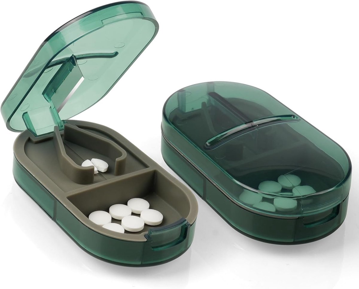 Draagbare Pillensplijter Voor Kleine En Grote Pillen In Halve Kwart Gesneden, 2 In 1 Tabletpillendispenser Voor Ouderen, Kinderen, Huisdieren, Reizen(Transparant groen)