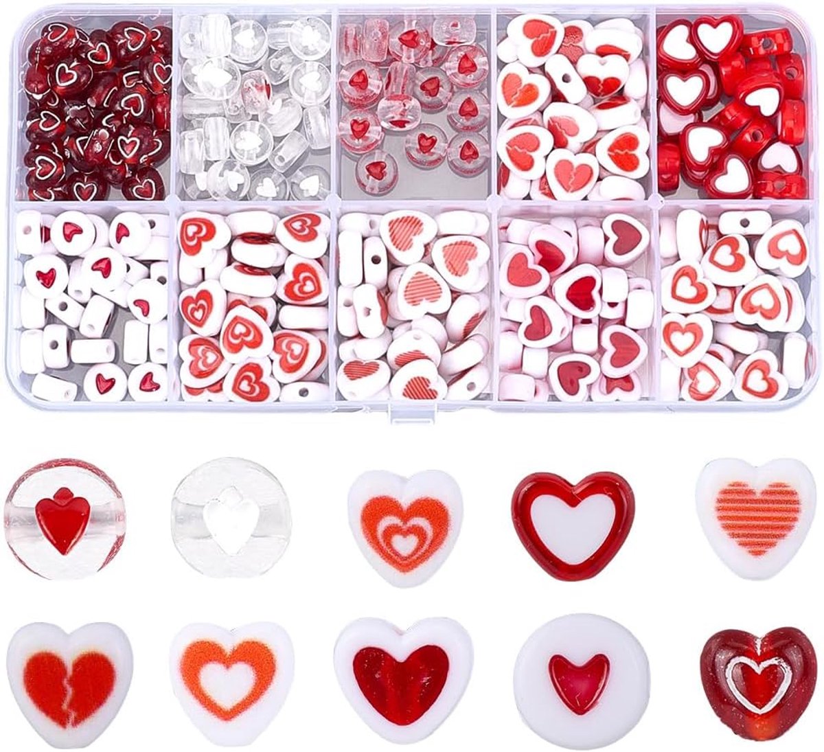 1 Doos 300Pcs 10 Stijlen Hartvormige Acryl Kralen Hart Kralen Bulk Mini Wit Rood Liefde Transparante Plastic Cub Party Valentijnsdag Harten Kralen voor Sieraden Maken Kettingen Armbanden
