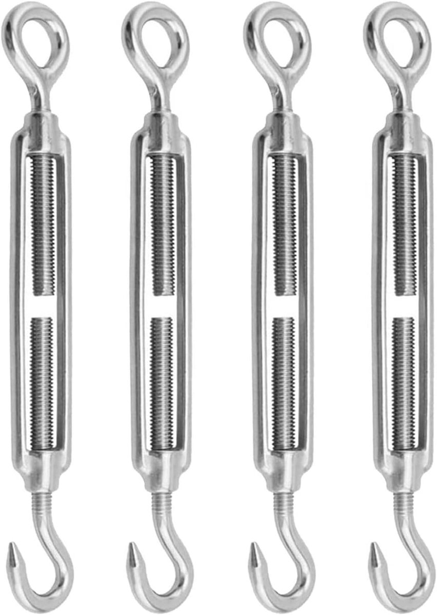 4 stuks spanschroefjes met haak en oogje, 304 roestvrij staal, voor het spannen van touwen en kabels, haken en oogje M5, haken voor bloemenmand in de tuin