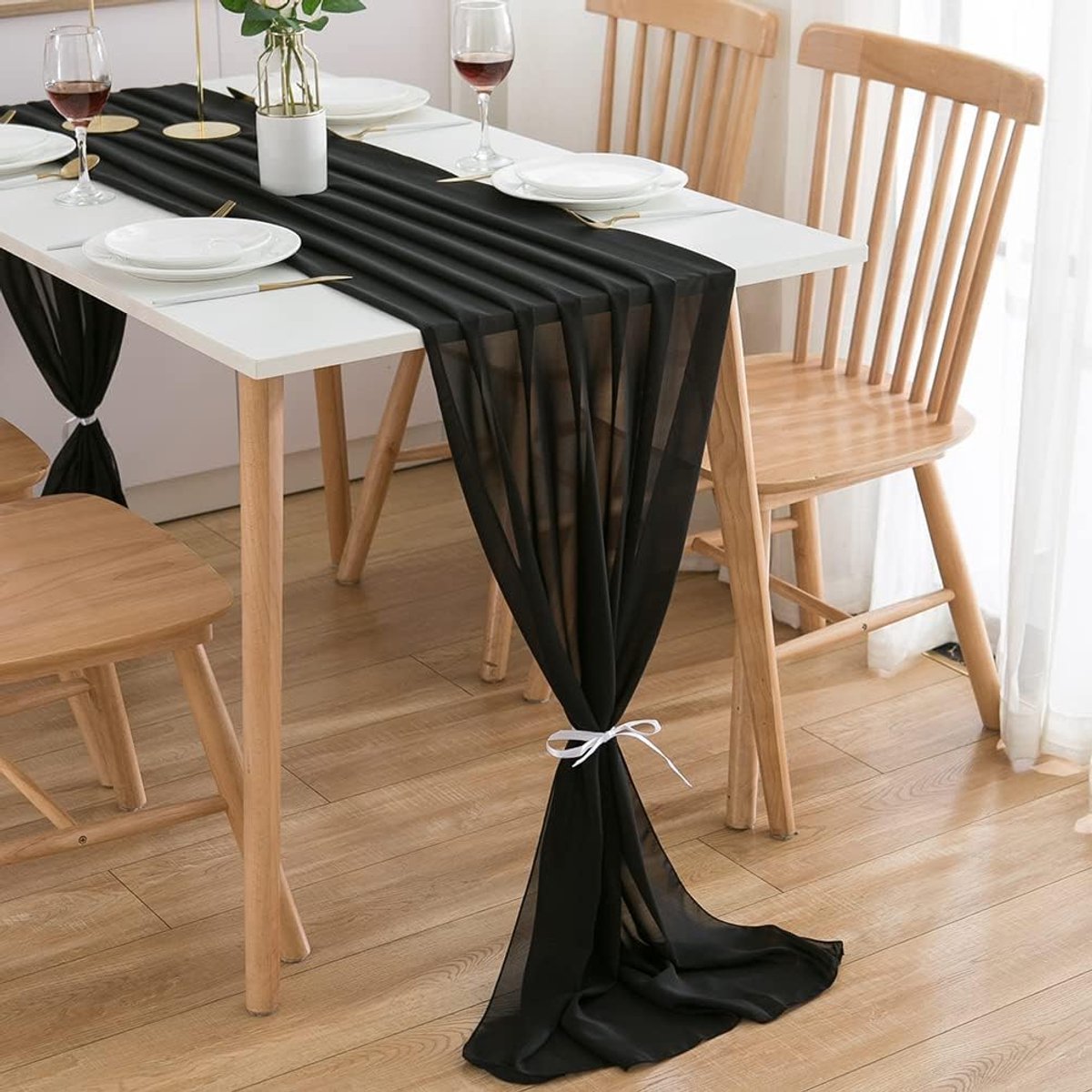 Tafelkleed, tafelloper, van chiffon, tafeldecoratie, wasbaar, 70 x 300 cm, zwart