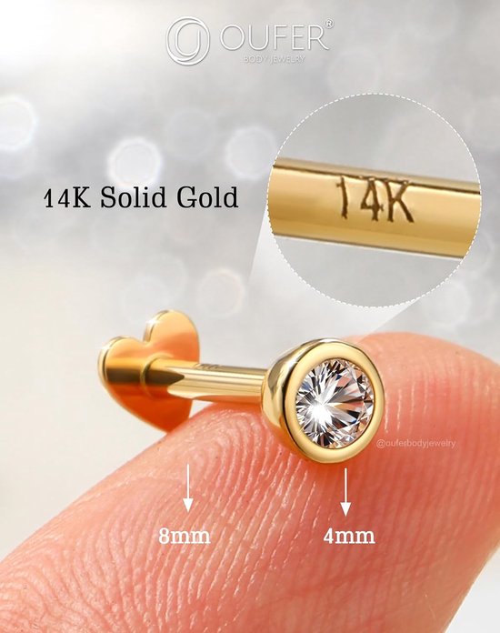 Body Piercing Threadless Labret Piercing Jewellery 14K Gold 16G Helix Earrings Push In Lip Stud Clear CZ Conch Tragus Lobe Piercing Bars — afbeelding 2