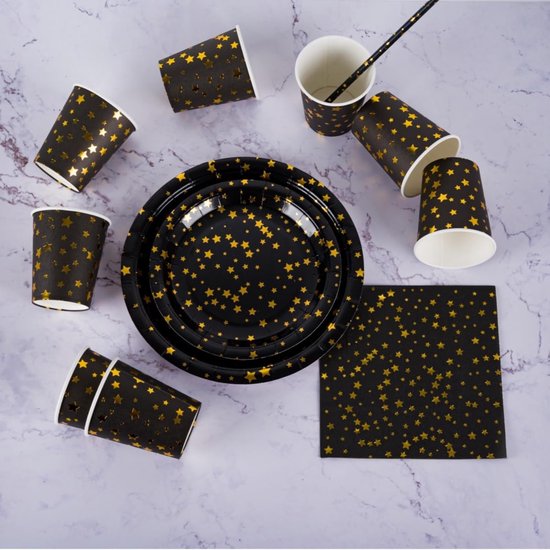 50 Gasten Zwart en Gouden Feestbenodigdheden Set, Zwart Goud Sterren Papier Servies, Wegwerp Party Servies Set - Inclusief 9" Borden, 7" Platen, Servet, Beker, Stro, 250 STKS — afbeelding 4