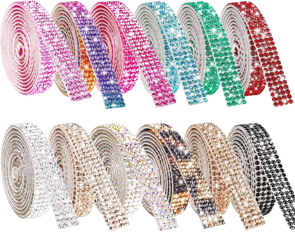 Strass-band, zelfklevend, 12 rollen, 0,9 cm breed, in totaal 11 meter, multifunctioneel doe-het-zelf glitterlint, kristallen strass-steentjes voor schoenen, kleding, kunsthandwerk