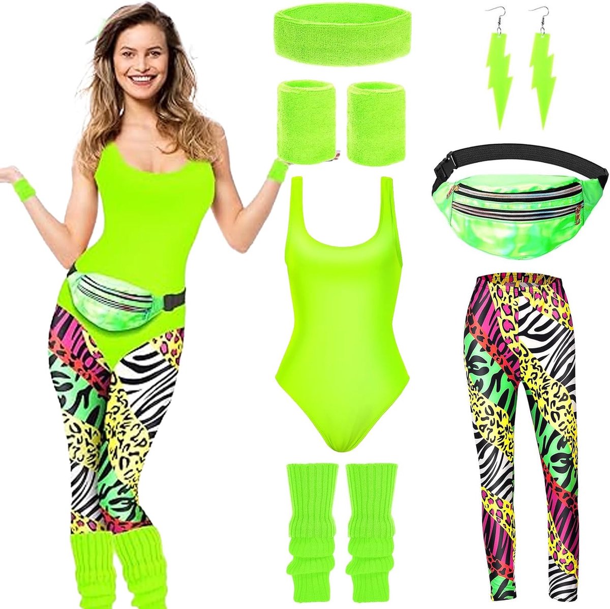 Jaren 80-outfit voor dames, jaren 80 workoutkostuum, jaren 80-accessoires, jaren 90-outfit, met heuptas, hoofdband, beenwarmers, voor carnaval, Halloween, carnaval, themafeest