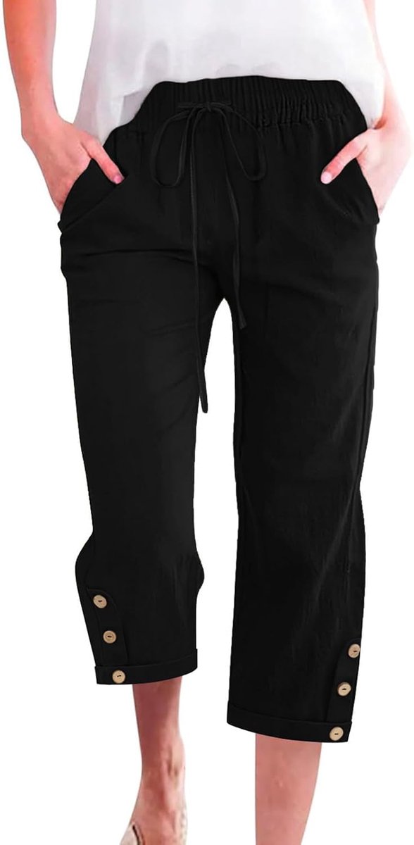 Korte Damesbroek met Elastische Taille, Katoenen Capribroek voor Dames, 3/4-lengte, Lichtgewicht Broek met 2 Zakken, Casual Werk, Strandbroek