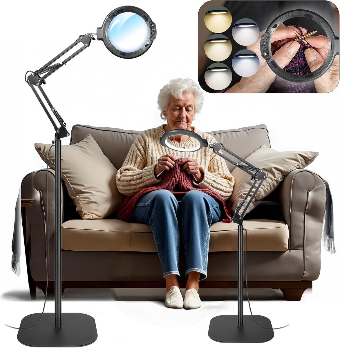 12 x vloerloep met licht en standaard, flexibele zwenkarm vergrootlamp met 54 leds, 5 kleurmodi, traploos dimbaar, handsfree vergrootglas voor lezen, naaien, handwerk, fijn werk