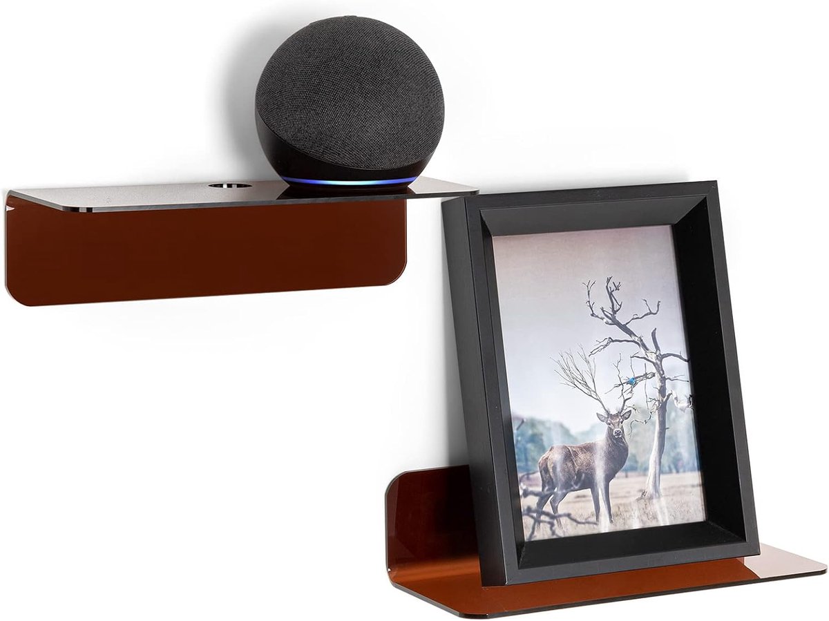 Zwevende wandplanken, set van 2, acryl kleine plank voor slaapkamer, badkamer, keuken, woonkamer, speelkamer met kabelclips, opplakken, zonder boren, 22,86 cm (bruin)
