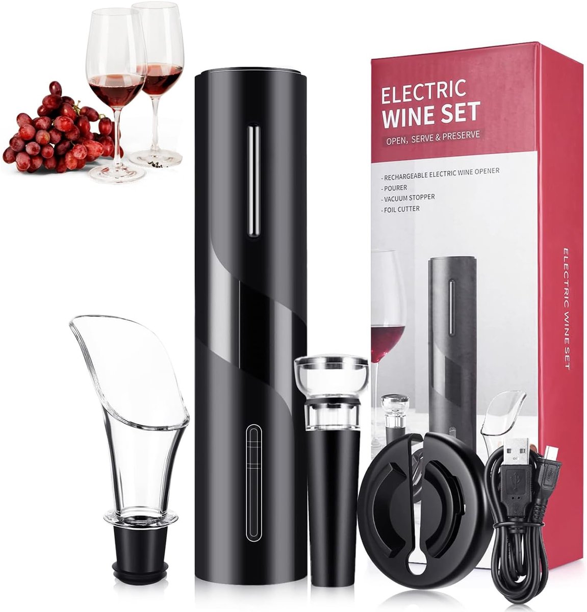 wijnkurkentrekker, elektrische flesopener, set 4-in-1 met USB-oplaadkabel, foliesnijder, vacuümwijnsluiting, schenktuit, elektrische flesopener, oplaadbaar