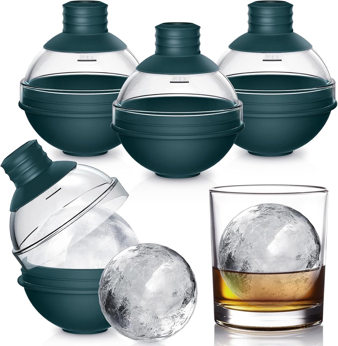 ronde ijsblokjesvorm met deksel, siliconen ijsblokjesvorm groot met trechter, BPA-vrij, herbruikbare ijsblokjesvormen, ijsblokjesvorm voor whisky, cocktails, koffie (4 stuks, groen)