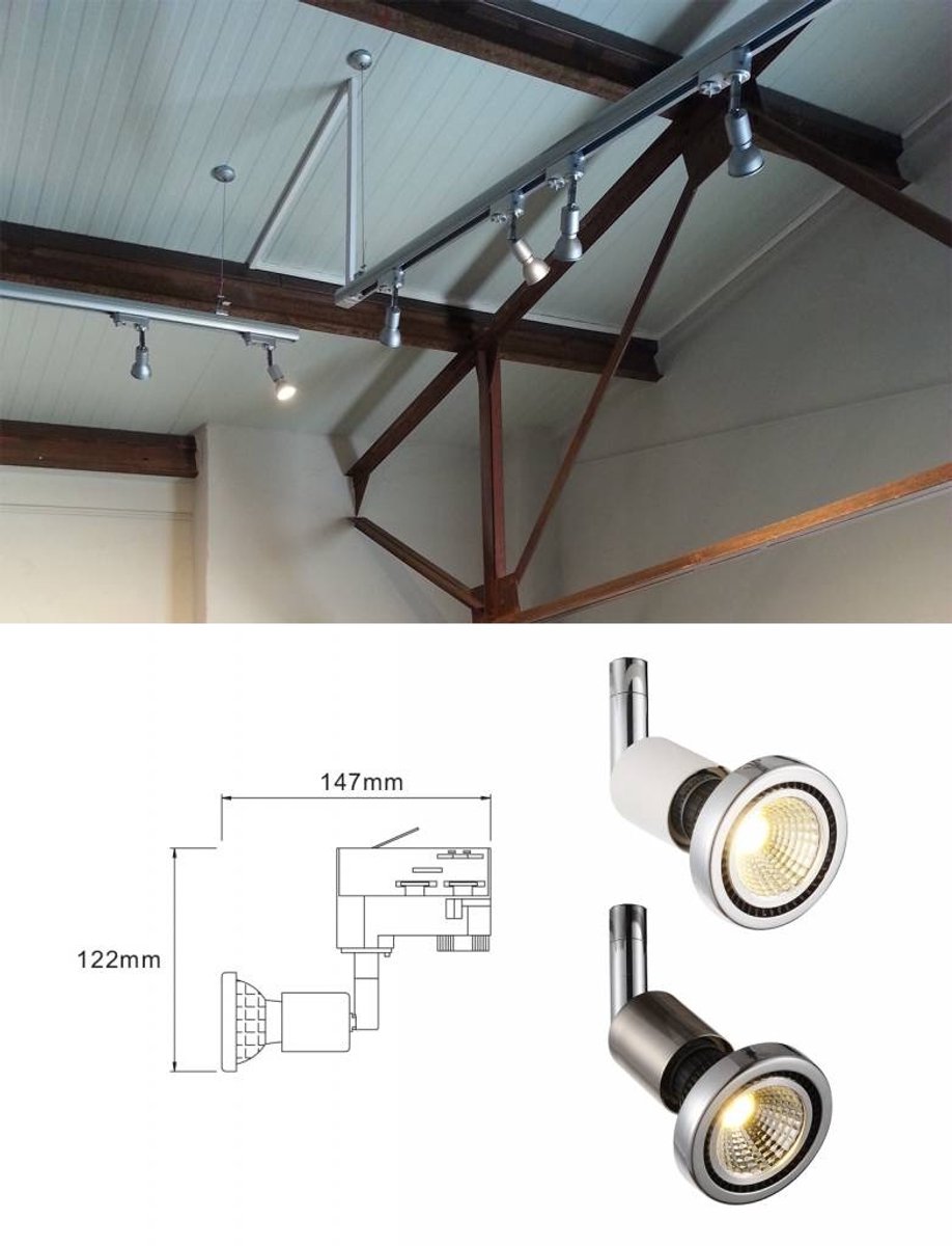 TR0024W railspot voor GU10-lamp (niet inbegrepen), richtbaar, wit gelakt staal, 147x122 mm, IP20, 220-240V