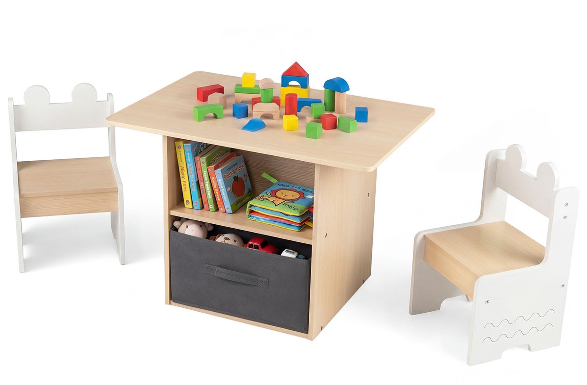 COSTWAY Kindertafel met 2 stoelen in krokodilvorm, 3-delig. Kindersitgroep van hout met opbergruimte & stoffen lade, activiteitentafel, tekentafel kinderkamer voor kinderen vanaf 3 jaar (Wit)