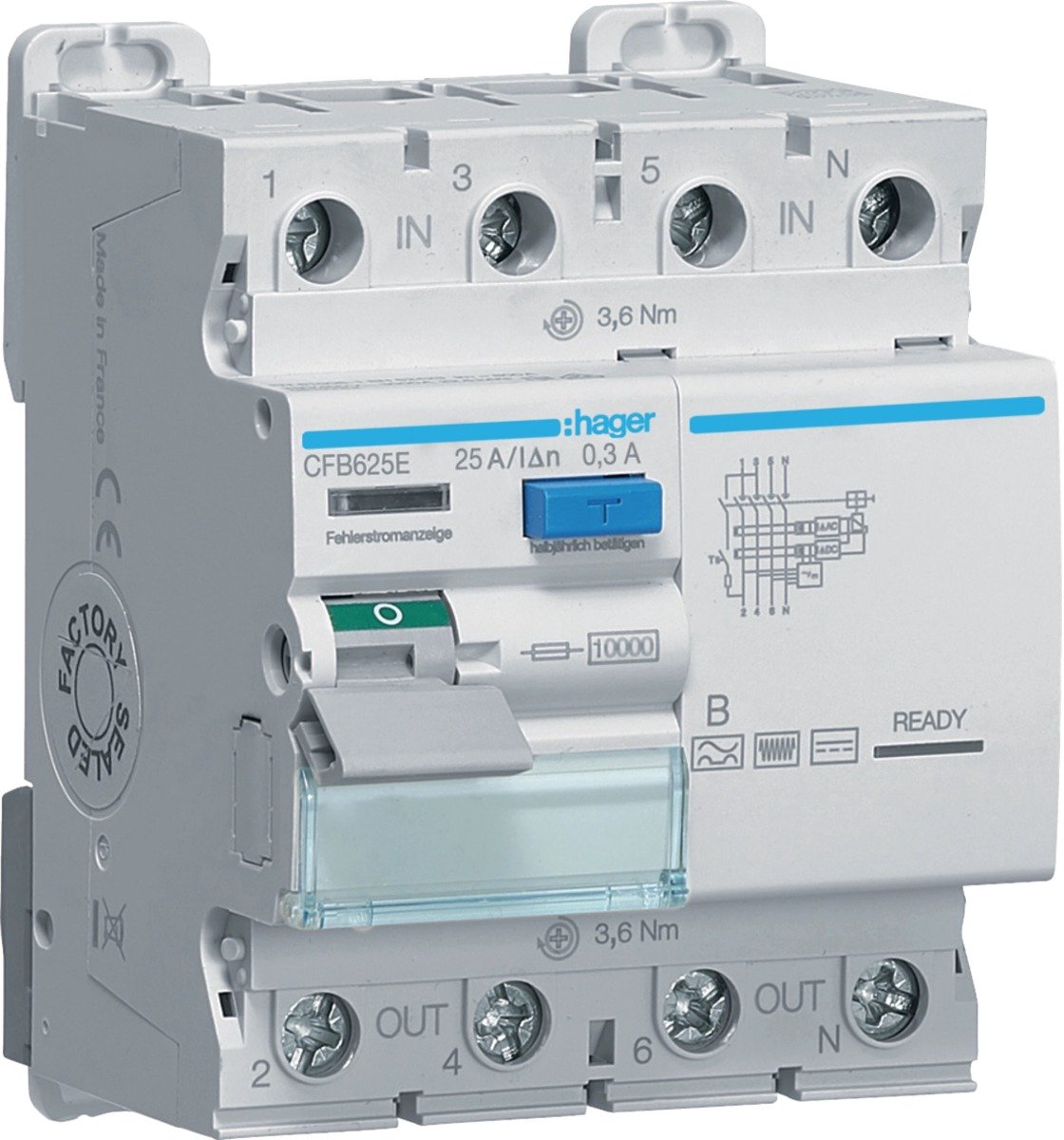 Hager aardlekschakelaar 25A 300mA type B 3P+N DIN-rail (CFB625E)