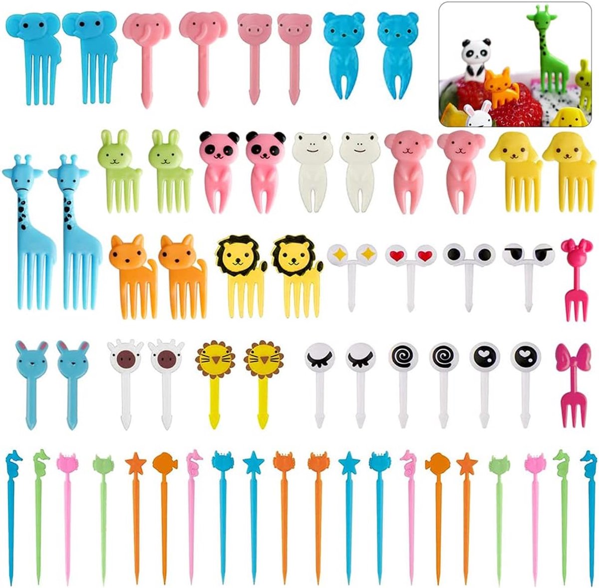 Vorken voor kinderen, dierfruitvorken, bento box accessoires, spiesen, mini-vorken, herbruikbare fruittandenstokers voor lunchbox, dessert, middagthee, verjaardagsfeest