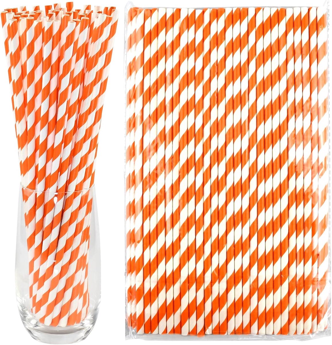 Rietjes 100 stuks, 0,6 cm diameter, oranje/witte strepen - biologisch afbreekbare hoge rietjes