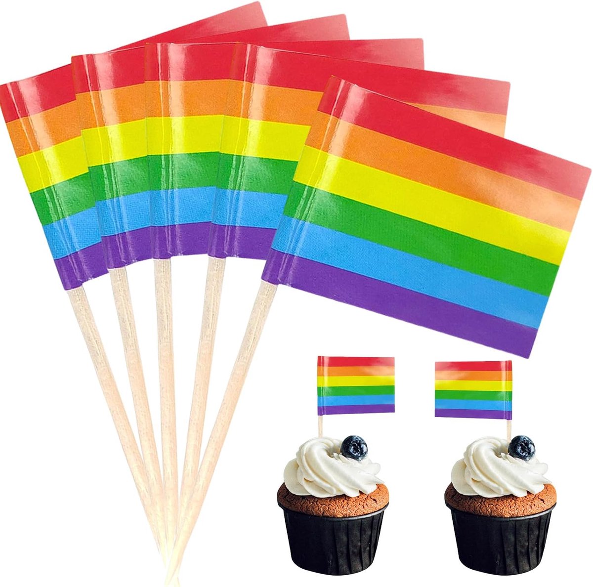 Tandenstokers met regenboogvlag, cupcaketoppers, regenboogvlaggen, cocktailsticks, houten taarttoppers, sandwichdecoraties voor kinderverjaardagsfeestje, LBGT Gay Pride feestdecoraties